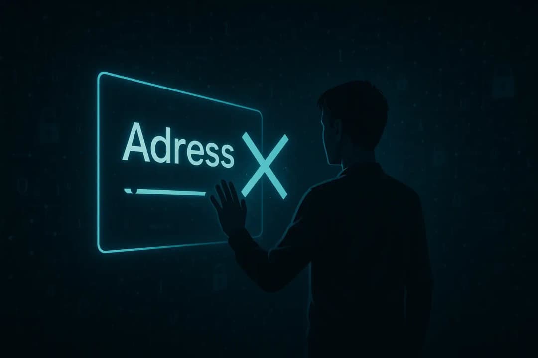 Person som raderar adressuppgifter från ett digitalt gränssnitt, symboliserar integritetsskydd och borttagning av personlig information på internet.