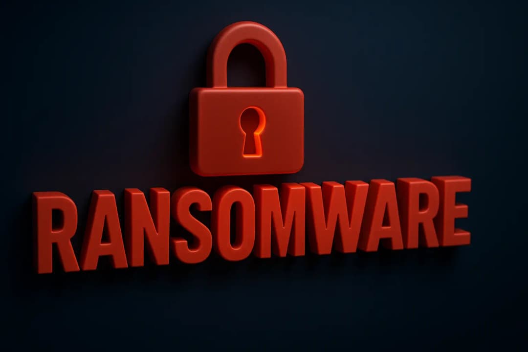 3D-renderad ransomware-text i rött med hänglåsikon på mörk bakgrund, symboliserar dataintrång och cyberattack.