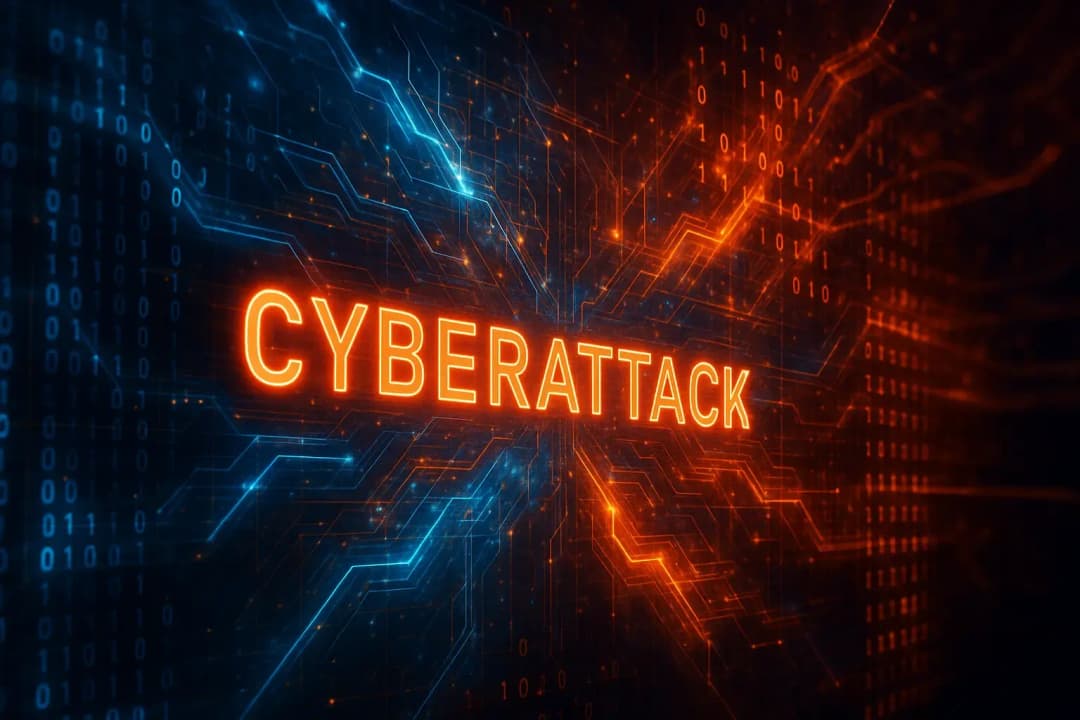 Digital illustration av ett cyberangrepp med neonröd text 'CYBERATTACK' omgiven av binärkod och glödande kretsar i blått och orange – symboliserar datasäkerhetshot och hackerattacker.