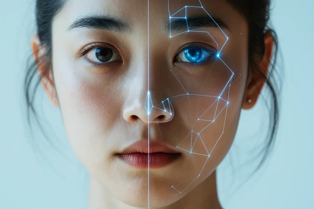 Närbild på ung kvinna med digitala ansiktsigenkänningslinjer och blått teknologiskt mönster på ena ansiktshalvan, symboliserar AI och biometrisk identifiering