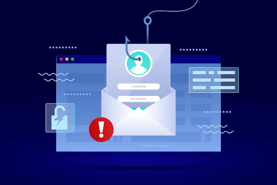 Illustration av nätfiske (phishing) där en fiskkrok drar upp en användarprofil ur ett digitalt kuvert som innehåller inloggningsuppgifter, markerat med en röd varningssymbol för läckta personuppgifter.