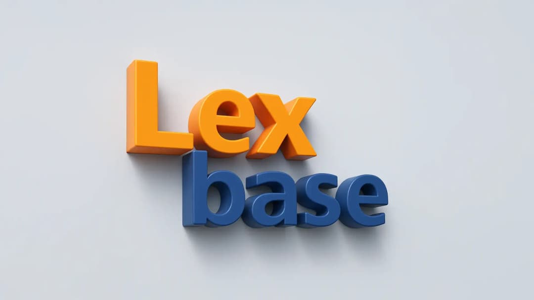 3D-renderad Lexbase-logotyp med orange text för 'Lex' och blå text för 'base' på ljus bakgrund, modern och professionell design.