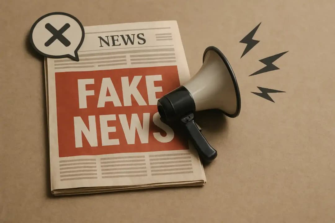 Hyperrealistisk bild av en tidning med rubriken FAKE NEWS och en megafon som symboliserar spridning av misinformation och falska nyheter online.