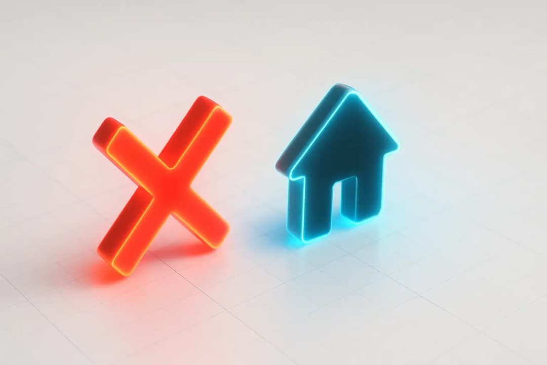 Rött kryss och blått hus i neonstil – symboliserar felaktig folkbokföring eller obehörig person skriven på din adress.