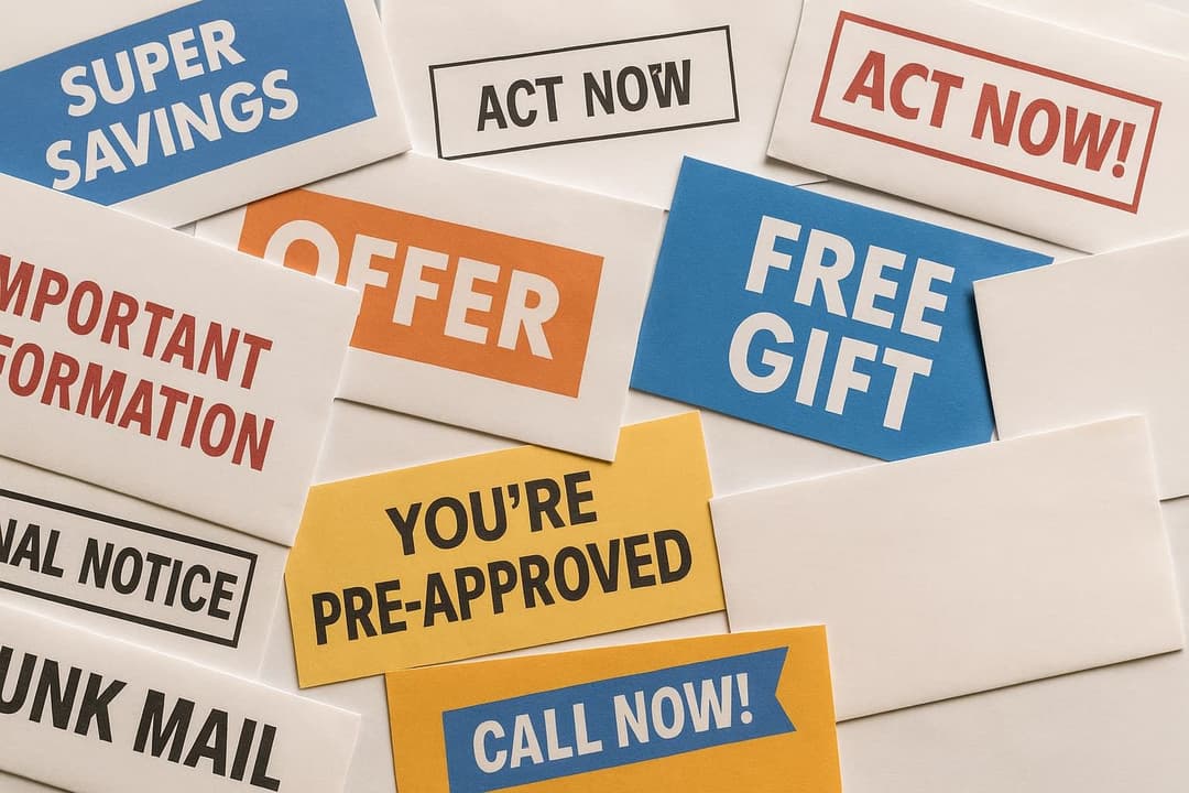 En hög med färgglada kuvert och reklamblad med texter som 'Gratis gåva', 'Viktigt meddelande' och 'Skräppost' – typiskt exempel på oönskad junk mail.