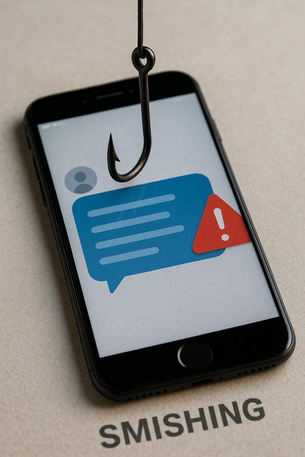 En realistisk närbild av en smartphone med ett sms på skärmen, där en fiskekrok tränger igenom telefonen som symbol för smishing. Bredvid meddelandet syns en röd varningsikon med ett utropstecken.