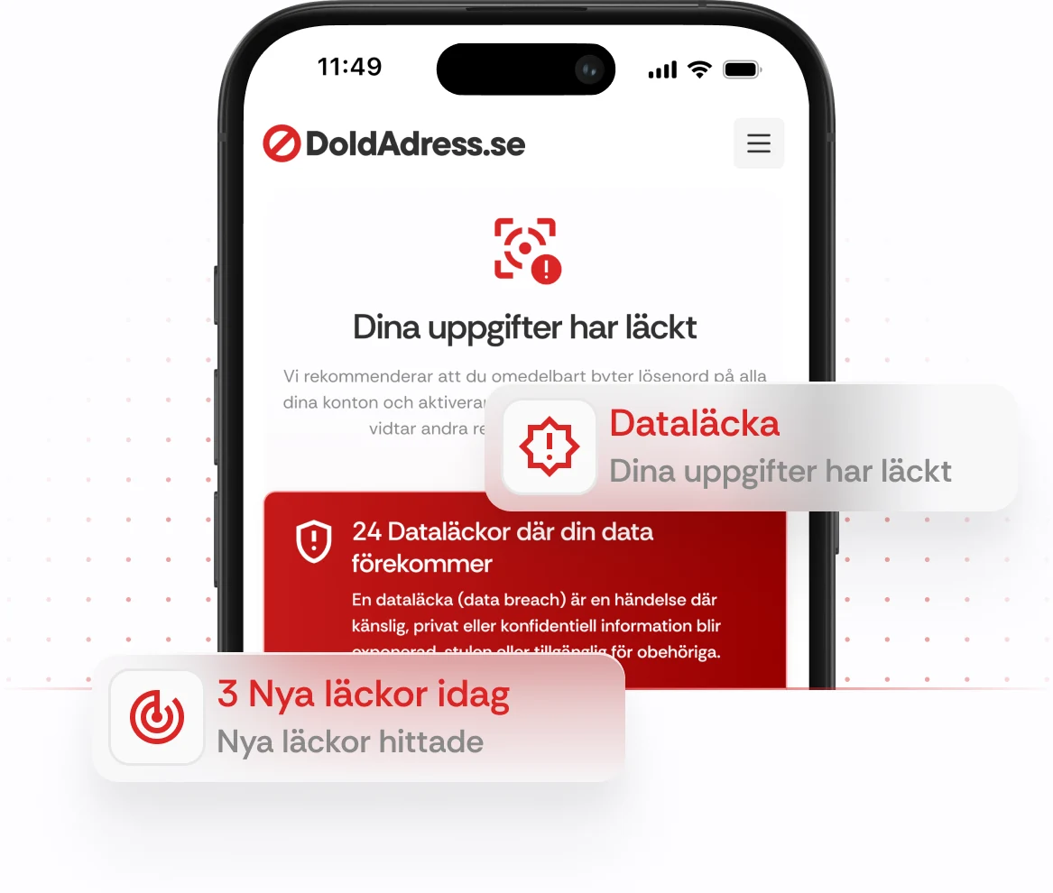 Doldadress.se varnar för dataläckor – Mobilvy som visar läckta personuppgifter, antal dataläckor och rekommendationer för åtgärder.