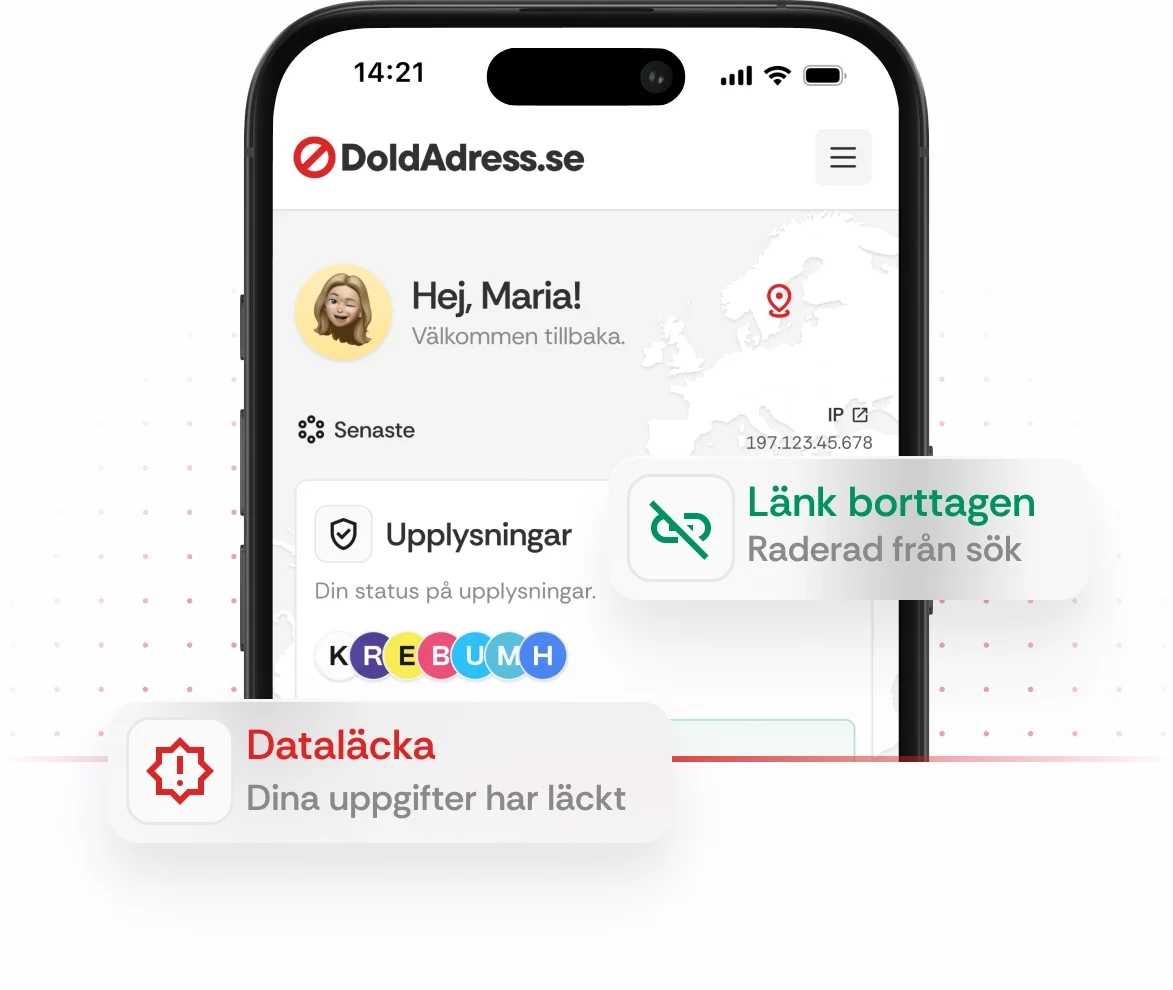 Bevakning av personuppgifter pĂ„ Doldadress.se â Dashboard som visar antal hittade lĂ€nkar, datalĂ€ckor, hot och statistik för borttagningar.