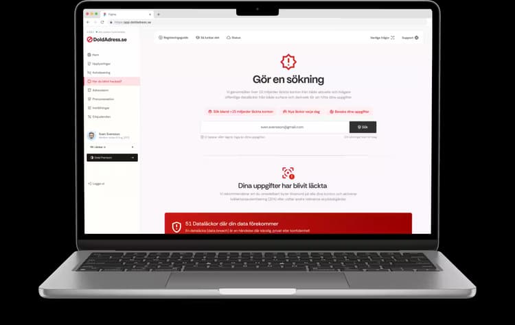 Laptopskärm med DoldAdress.se:s gränssnitt där en användare söker efter dataläckor kopplade till sin e-postadress och får resultat som visar 51 läckor.