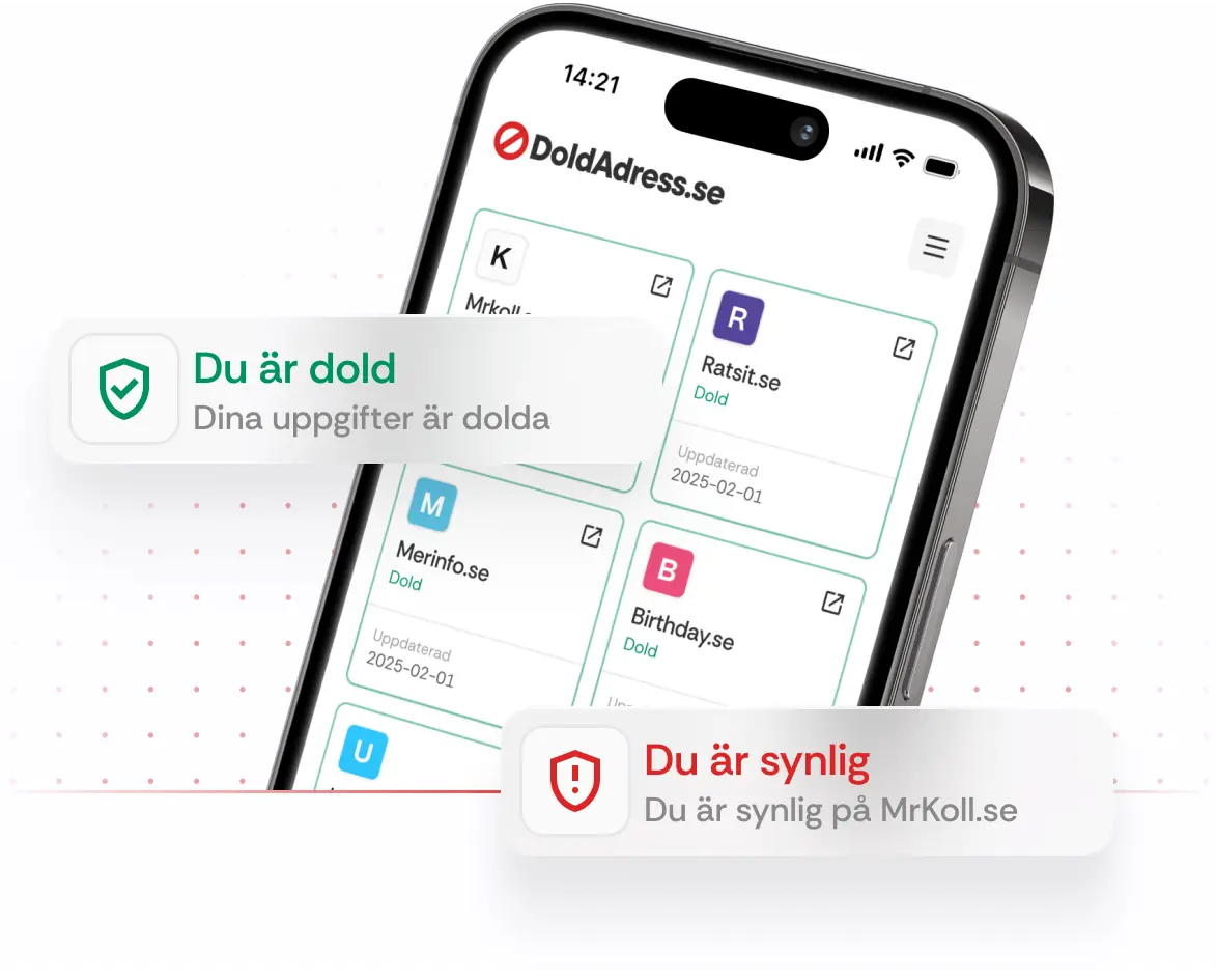 Översikt på Doldadress.se mobilapp – Visar status om personuppgifter är dolda eller synliga på sajter som Mrkoll och Ratsit.