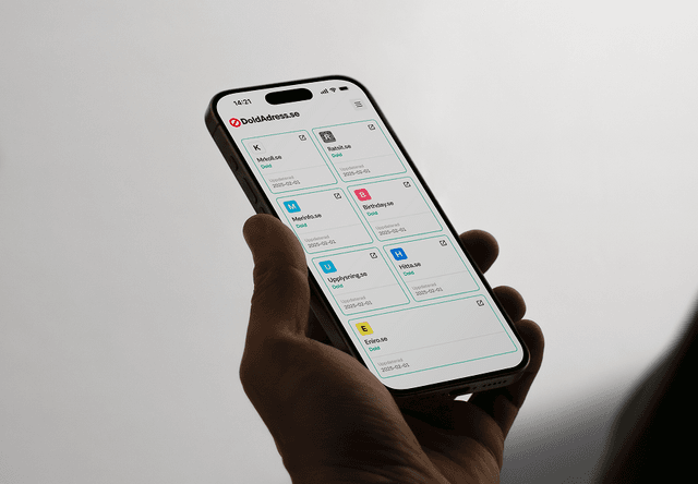 Person som håller en mobil med DoldAdress.se-appen öppen, där det visas att användarens personuppgifter är dolda på sajter som Ratsit, Mrkoll, Merinfo och Hitta.