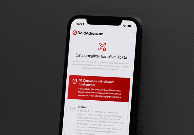 Mobilskärm som visar DoldAdress.se:s varning om att användarens uppgifter har läckt i 51 dataintrång.